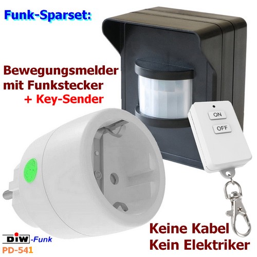 SPARSET-PD-541: DIW-FUNK Bewegungsmelder mit Timer + DSR-2300 Power-Funkstecker+ KEY-Sender