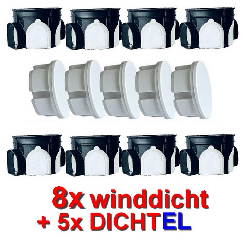 Set mit 8 Stück winddichte Schalterdosen Gerätedosen + 5x DICHTEL Steckdosen Abdichtungen