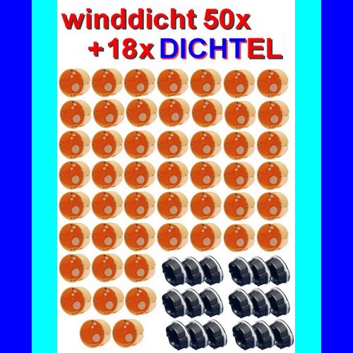 50 Stück winddichte Hohlwanddosen Ø68/48mm + 18 Steckdosen-Abdichtungen DICHTEL