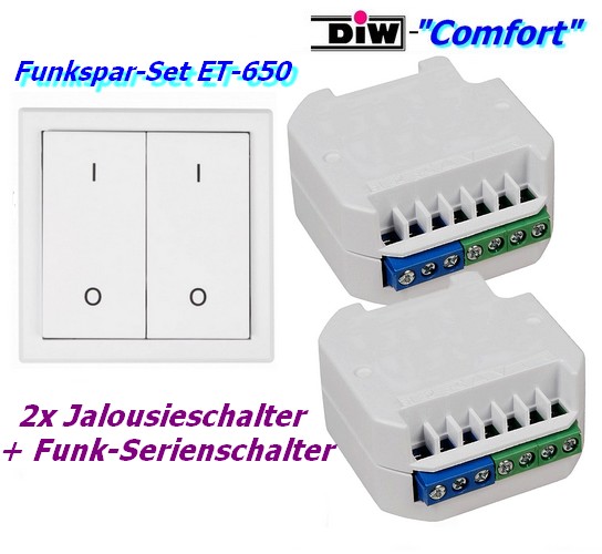 ET-650 Funk-Set: 2xFunk-Jalousie-Schalter + Serien-Wandsender DIW-Comfort