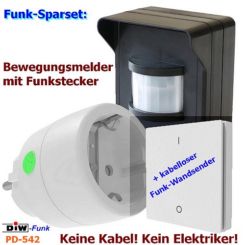 SPARSET PD-542 Funk Bewegungsmelder DIW-44 + Power Funkstecker DSR-2300 + Hand-Sender DWS-11 von DIW-Funk