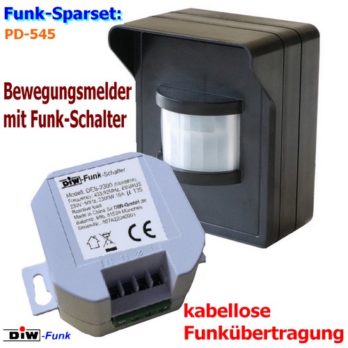 SPARSET PD-545 Funk Bewegungsmelder DIW-44 + Funk-Empfänger DES-2300 von DIW-Funk