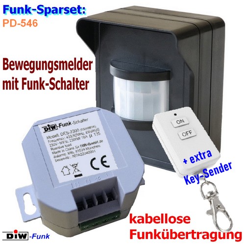 SPARSET PD-546 Funk Bewegungsmelder DIW-44 + Funk-Empfänger DES-2300 + Key-Sender DKS-10 von DIW-Funk