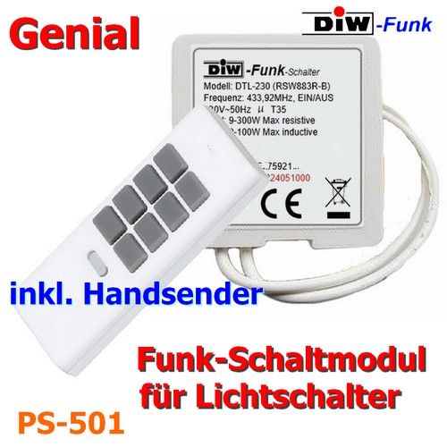 DIW-Funk Funk-Schaltmodul DTL-230 für mechanische Lichtschalter mit 12-Kanal Handsender DHS-12
